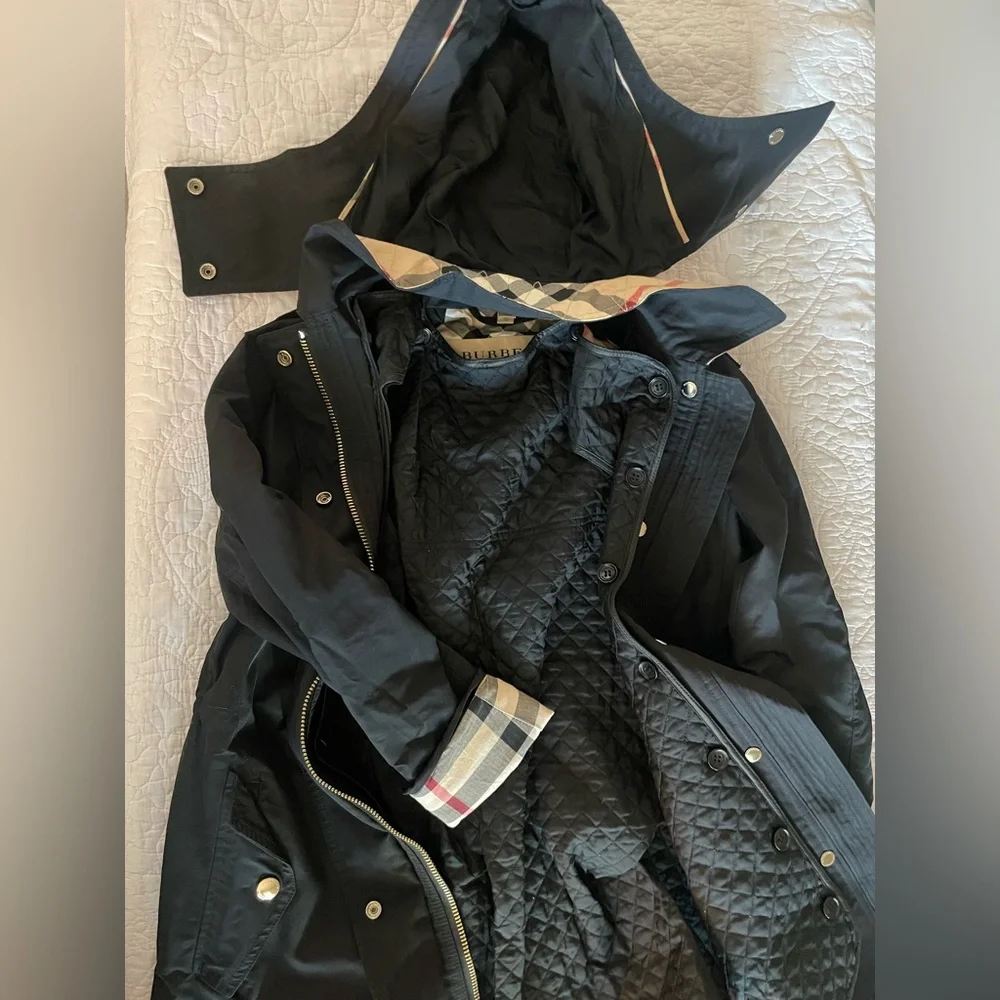 Black Hooded Women's Trench Coat with Plaid Lining - Picture 2 of 4